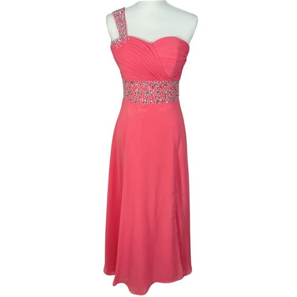 Coral Chiffon Asymmetrical One Shoulder Rhinestone Gown Prom Dress Size 6 - Picture 1 of 7